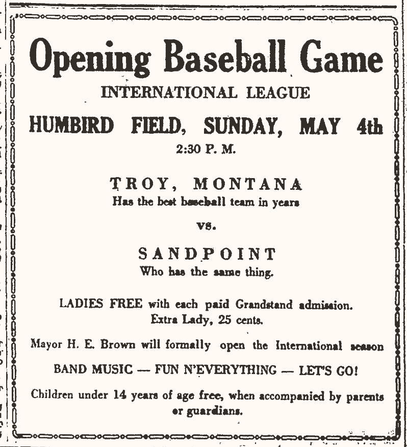 Historic Sandpoint baseball advertisement
